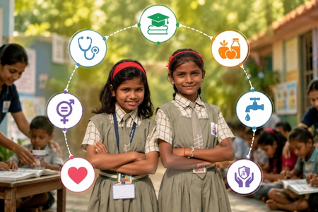 Two schoolgirls in uniform standing confidently with education, healthcare, nutrition, clean water, protection, and wellbeing icons surrounding them, symbolising holistic child development and community support.
 




