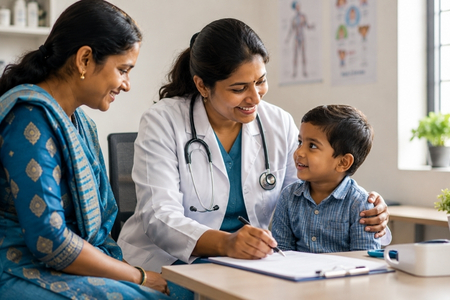A doctor warmly engaging with a young child and his mother during a consultation, reflecting the compassionate care Spreading Bliss Foundation supports for underprivileged families.
 




