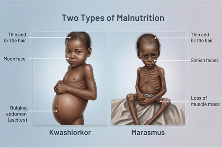 Educational illustration explaining two types of severe malnutrition: Kwashiorkor, characterised by a swollen abdomen and thin hair, and Marasmus, characterised by severe loss of muscle mass, thin hair and a very thin body.