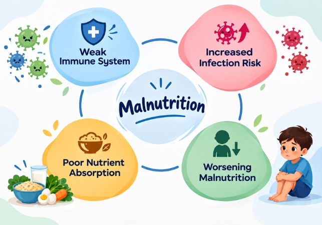 Illustration showing malnutrition as a cycle involving a weak immune system, increased infection risk, worsening malnutrition and poor nutrient absorption, with a child and nutritious food depicted alongside.