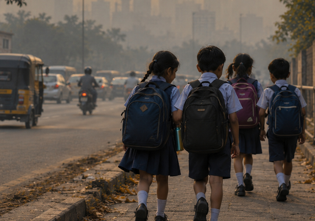 Children in school uniform walking beside traffic in hazy air, showing why Spreading Bliss Foundation supports children’s healthcare. 