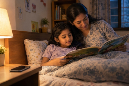 Spreading Bliss Foundation promotes healthy bedtime habits as a mother reads with her daughter instead of screen time before sleep 

 
