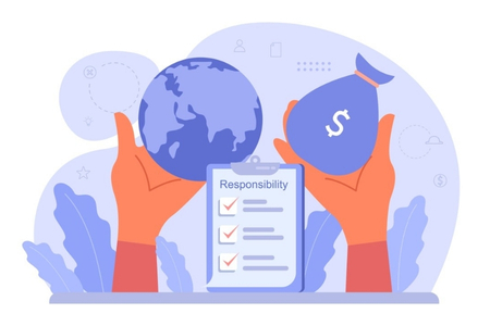 An illustration of hands holding a globe and a money bag above a clipboard labelled Responsibility representing accountability, transparency, ethical stewardship, and responsible resource management in social impact initiatives.
 




